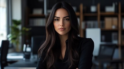 Fototapeta premium Close-up Portrait of a Woman with Long Dark Hair in an Office Setting