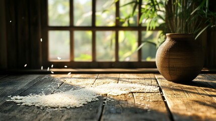 Naklejka premium Rice Grains Falling onto Rustic Wooden Table With Clay Pot, Window Background,Still Life Photography, Rice, Still Life, Rustic