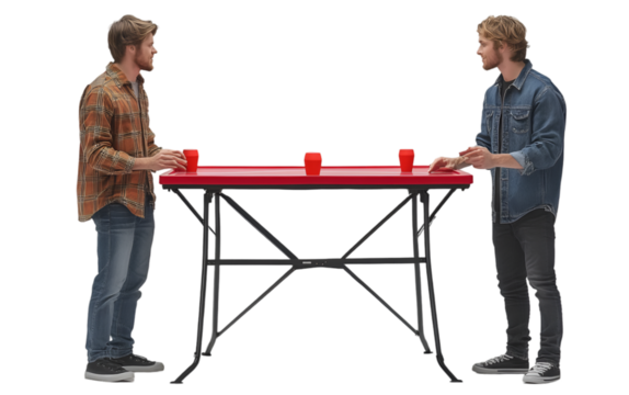 a couple of men standing next to a table. 
