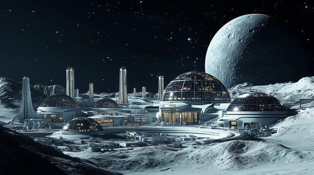 Futuristic moon base with domed structures under a starry sky, the large moon rises in the background.