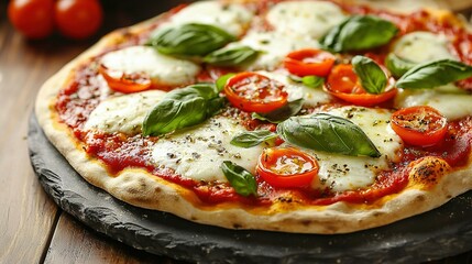  Pizza with tomatoes, mozzarella, basil, and cheese on slate platter on wooden table