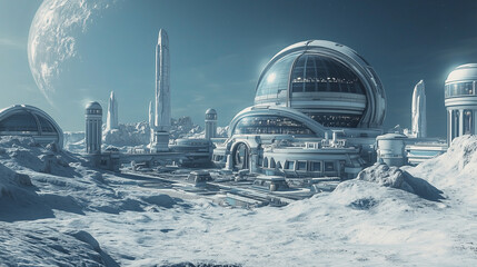 Futuristic space colony on a snowy, mountainous alien planet with advanced architecture and domed structures, set against a serene moonlit sky.