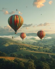 Obraz premium Breathtaking hot air balloons floating over lush green hills, creating a serene and picturesque landscape at dawn.