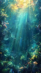 Fototapeta premium Breathtaking underwater scene with vibrant coral, gentle light rays, and serene aquatic life exuding tranquility and beauty.