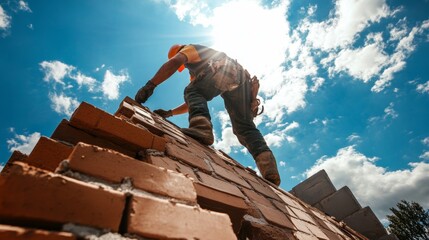 Skilled masonry  builder laying bricks at construction site under clear sunny skies