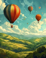Obraz premium Colorful hot air balloons soar over lush hills under a vibrant sky, capturing a serene and adventurous landscape.