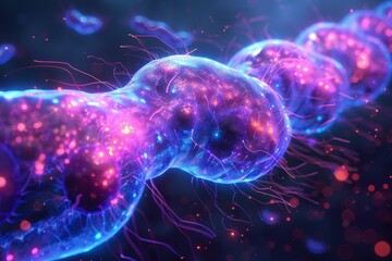 Fototapeta premium Detailed visualization of glowing cells exhibiting vibrant colors and intricate structures, showcasing biological processes.