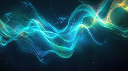 Fototapeta premium Abstract blue and yellow glowing wave lines on dark background.