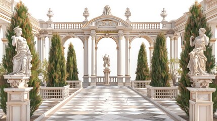 Fototapeta premium White marble statues stand in the shade of an elegant classical archway, with a checkerboard floor leading through the passage.