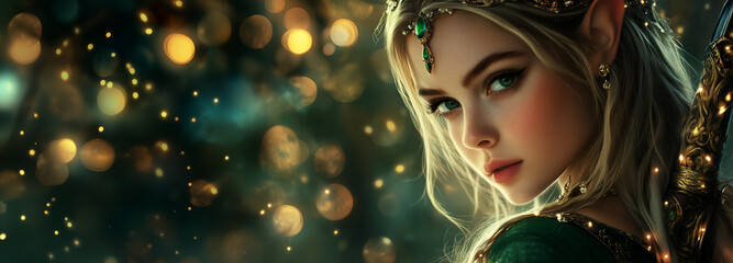 Fototapeta premium abstract portrait of a beautiful elf woman warrior in the forest; glowing magical background; fantasy widescreen backdrop; copy space