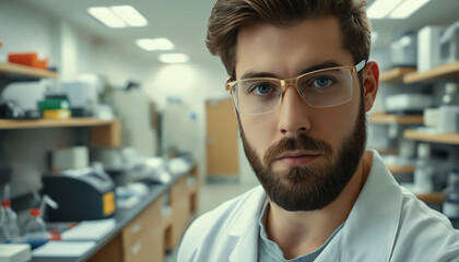 Fototapeta premium Male doctor laboratory assistant in a white coat in a chemical laboratory against the background of shelves with chemical reagents.