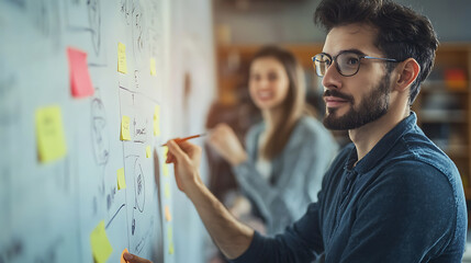 A man with glasses is drawing on a whiteboard with a red and yellow marker