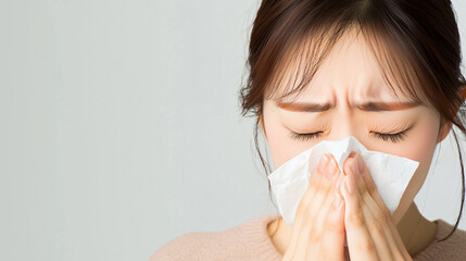 Asian woman sneezing and holding a tissue, suffering from allergic rhinitis