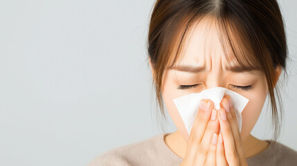 Asian woman sneezing and holding a tissue, suffering from allergic rhinitis