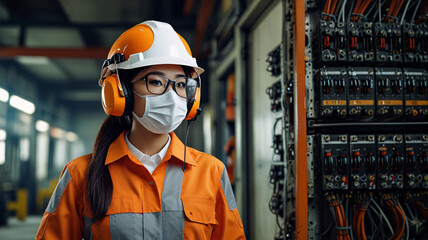 hardhat engineer lady orange industry factory worker woman wears helmet mask glasses headphone