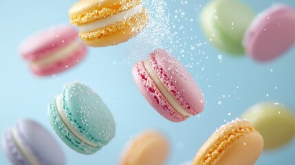 Obraz premium Macaroons in flight with sprinkled sugar