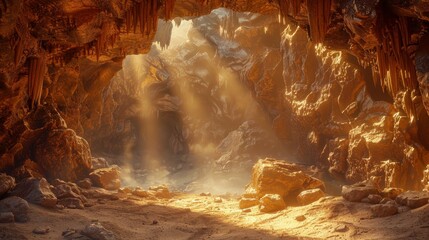 Explore the serene beauty of a sunlit cave with stunning rock formations and natural light illuminating the sandy floor.