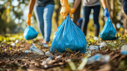 Volunteers cleaning the park by picking up trash and placing it in bags, actively reducing pollution