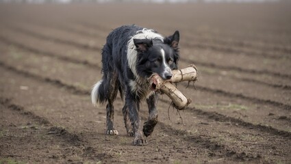 Fototapeta premium A muddy Border Collie wandering with a ruined toy in a desolate field