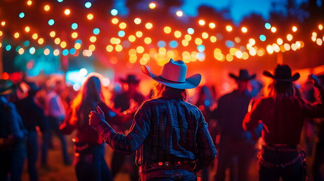 Cowboys Dancing Night Under Colorful Lights Music Festival Celebration