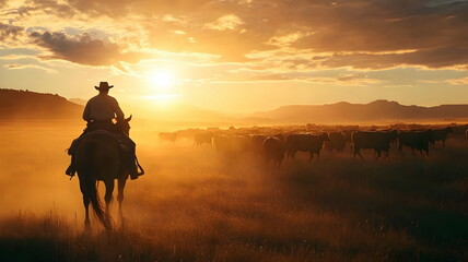 Sunset Ranch Cowboy Herding Cattle Dusty Landscape Mountains Nature