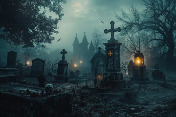 Mysterious cemetery scene at dusk with fog, glowing lanterns, haunting gravestones, and a gothic backdrop.