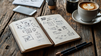 A notebook with drawings and a cup of coffee on a table