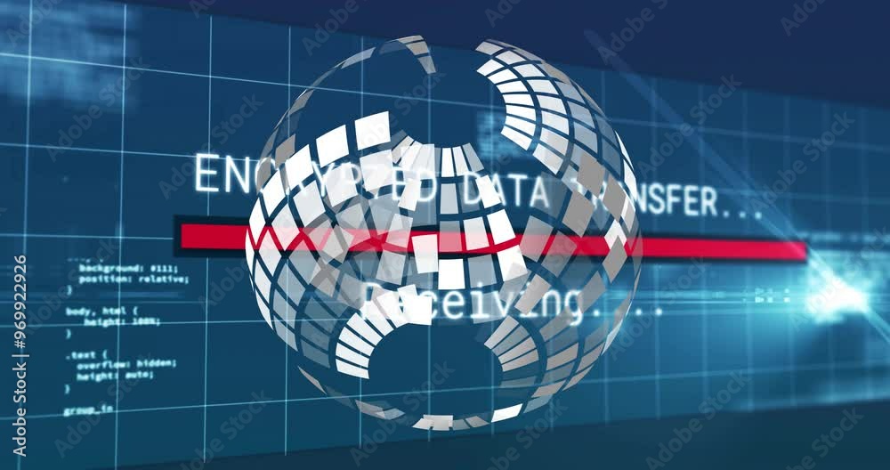 Poster encrypted data transfer animation over rotating globe and digital grid