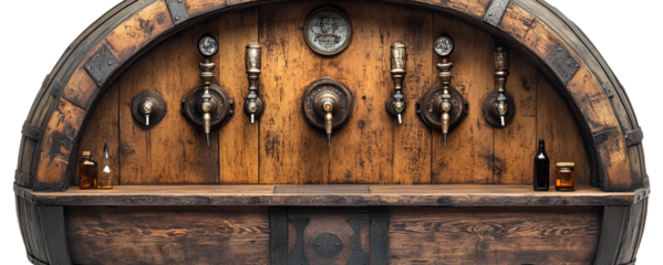 a row of taps on a wooden surface. 
