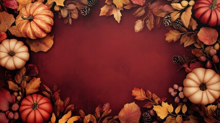Autumnal border with pumpkins and fall leaves.