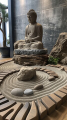 Serene Buddha statue in peaceful Zen garden with sand patterns, symbolizing meditation and calmness