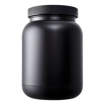 Embalagem de soro de leite prote&iacute;na. Garrafa e pote preto de pl&aacute;stico de suplemento fitness de academia isolado em fundo transparente.