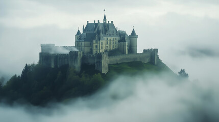 Naklejka premium A majestic castle sits atop a lush green hill, shrouded in a mystical fog, exuding a fairytale-like and historic ambiance.
