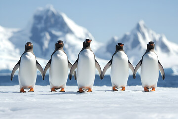 Fototapeta premium Group of Penguins Standing on Snowy Landscape, Antarctic Wildlife and Natural Habitat