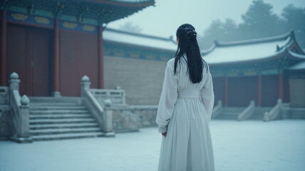 Cinematic Photography of a Chinese Woman in the  Forbidden City, – Captivating Winter Landscape, White and Blue Aesthetic, Cultural Elegance, Historic Chinese Architecture, Asian, Beautiful, Snowing