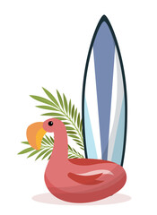 Beach elements concept. Surfboard with flamingo. Active lifestyle and extreme sports. Holiday and vacation, travel and tourism. Flat vector illustration isolated on white background