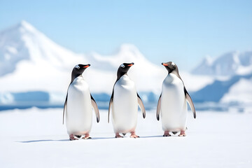 Obraz premium Group of Penguins Standing on Snowy Landscape, Antarctic Wildlife and Natural Habitat