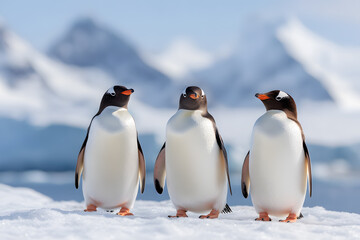 Fototapeta premium Group of Penguins Standing on Snowy Landscape, Antarctic Wildlife and Natural Habitat
