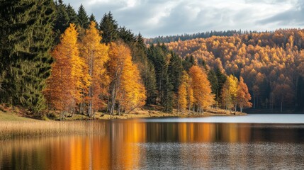 Obraz premium Serene autumn landscape a tranquil evergreen forest surrounding a peaceful lake