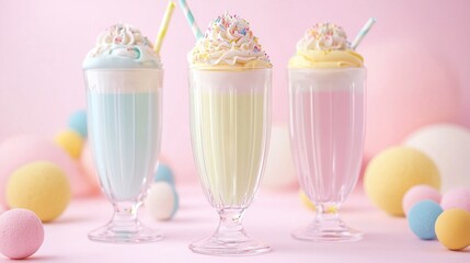   Three milky shakes with sprinkles & candies on a pink backdrop with confetti