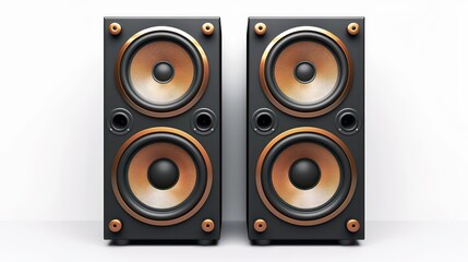 Black speakers with golden accents on a white background.