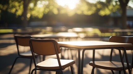 Empty table and chairs in the sunshine.