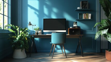 Modern Home Office with Blue Walls and Natural Light