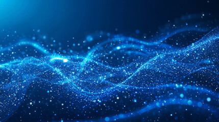A blue background with wavy lines and tiny dots. It represents digital data and can be used for tech presentations, banners, or templates.