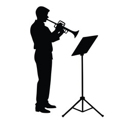 a man playing the trumpet. He is standing in front of a music stand with a sheet of music on it