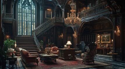 Fototapeta premium A Luxurious Dark Wood Interior with a Grand Staircase and Chandelier