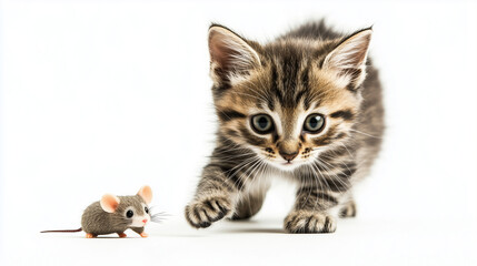 Fototapeta premium A cute tabby kitten curiously plays with a small toy mouse, showcasing its playful nature against a bright white background.