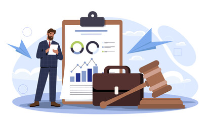 Man with business rules. Young guy in suit near huge document. Statistics and infographics. Businessman with briefcase and gavel. Flat vector illustration isolated on white background