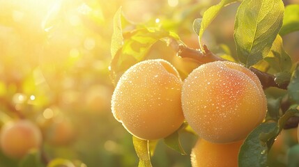   A close-up of two oranges on a tree branch with water droplets on the leaves and the sun shining in the background