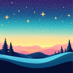 Fototapeta premium Illustration of a starry night landscape featuring pine trees, rolling hills, and a colorful sky transitioning from night to dawn.